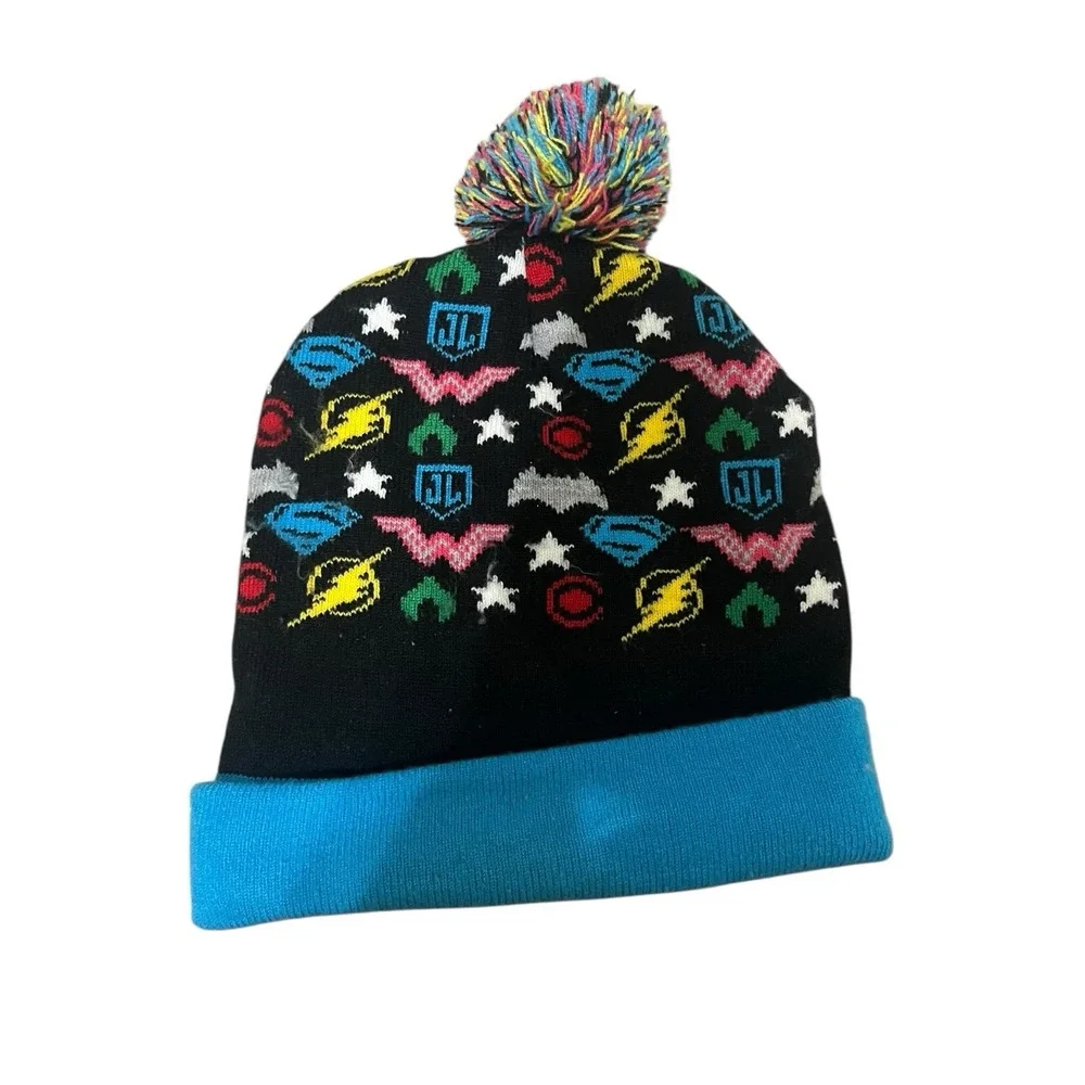 DC Comics Womens Blue Pom Justice League Beanie Hat Knit Christmas Stocking Cap - Picture 2 of 4
